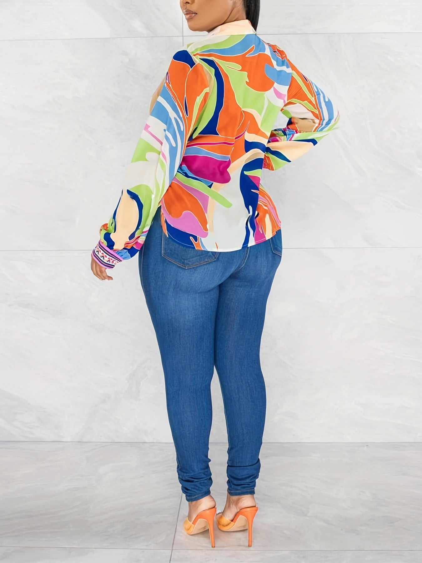 Casual Long Sleeve Abstract Print Button Front Shirt, Women's Collar Clothing