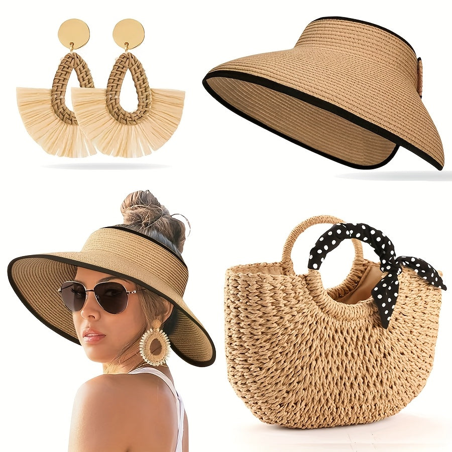3pcs Women'S Beach Fashion Set, Sun Hat, Beach Hat, Beach Bag, Handbag, Earrings, Ear Jewelry, Women's, Suitable For Outdoor Beach Travel Scenarios.