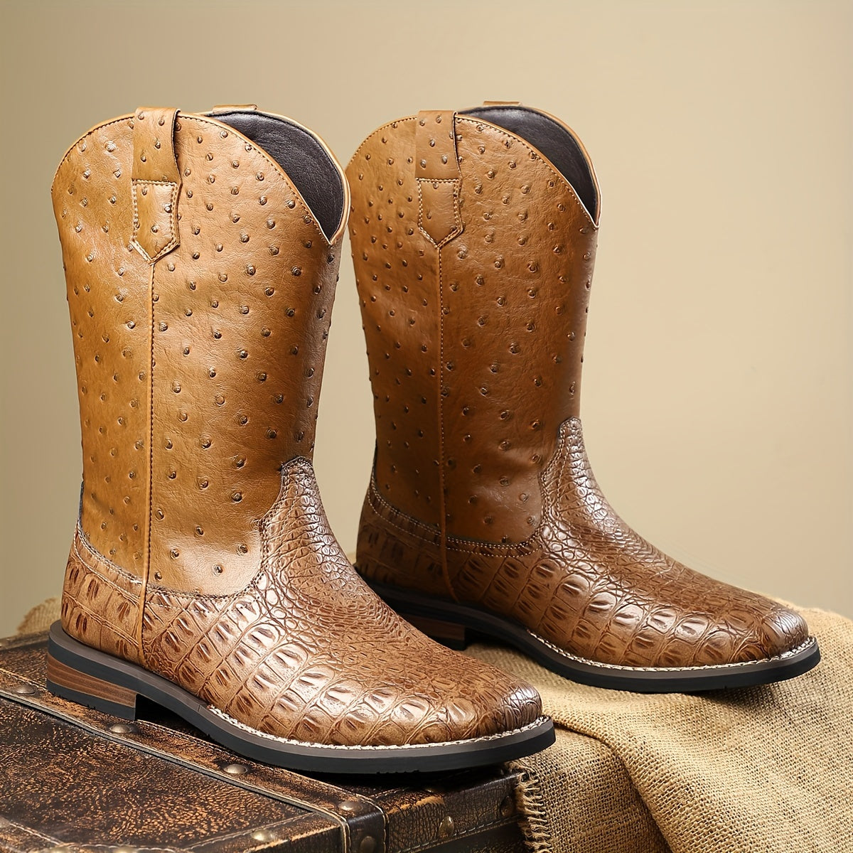 [All-Season Solid Color Cowboy Boots] Men's Casual Western Boots with Ostrich-Quill Print PU Upper, Fabric Lining, Rubber Sole, Slip-On Closure, Pointed Toe - All-Season Solid Color Daily Wear Cowboy Boots