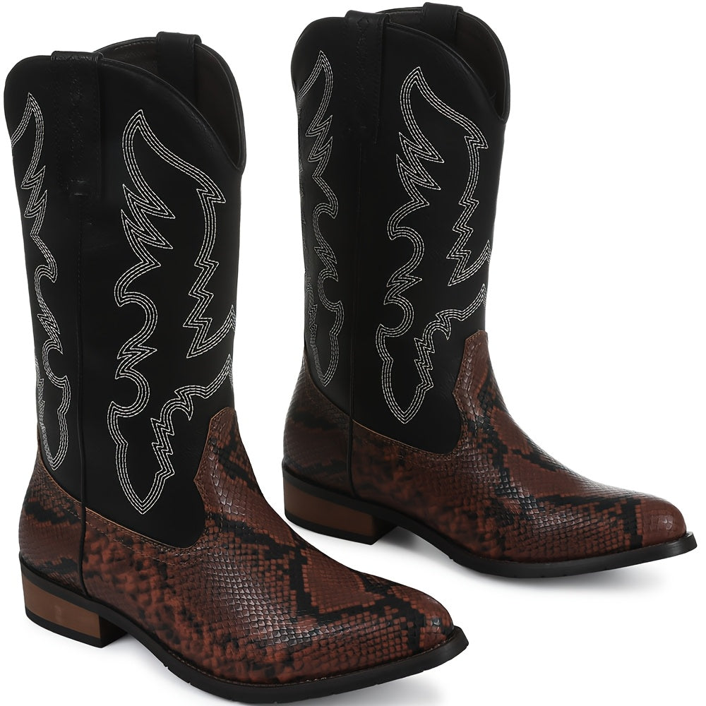 [MIKARKA Western Cowboy Boots] MIKARKA Men's Western Cowboy Boots - Pointed Toe, PU Upper & Inner, Rubber Sole, Slip-On, Short Boots with Striped Pattern