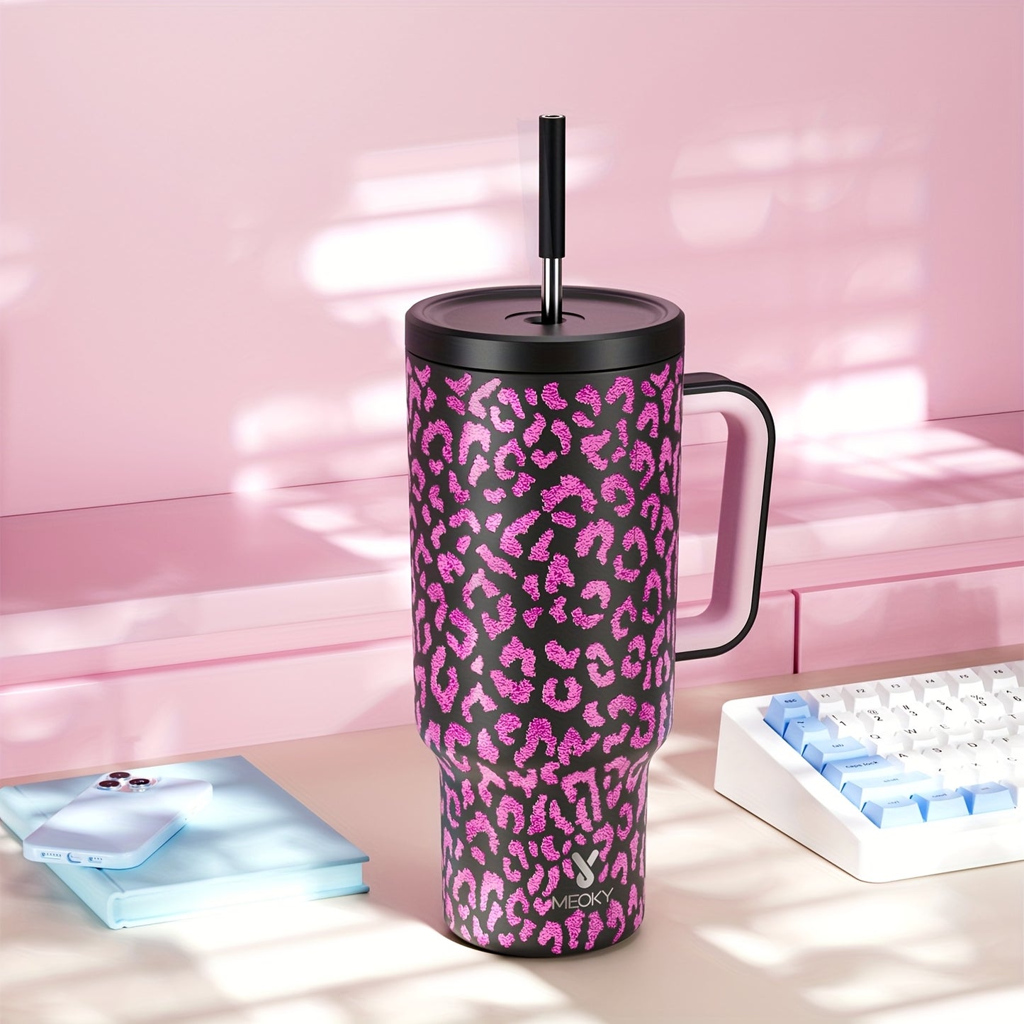 MEOKY 40oz Stainless Steel Tumbler with Handle - Leak-Proof, Insulated Travel Mug for Hot & Cold Drinks, Durable & Easy to Clean, Perfect for Running, Gym, or Outdoor Activities, Black Series, Hand Wash Only, Travel Drinkware