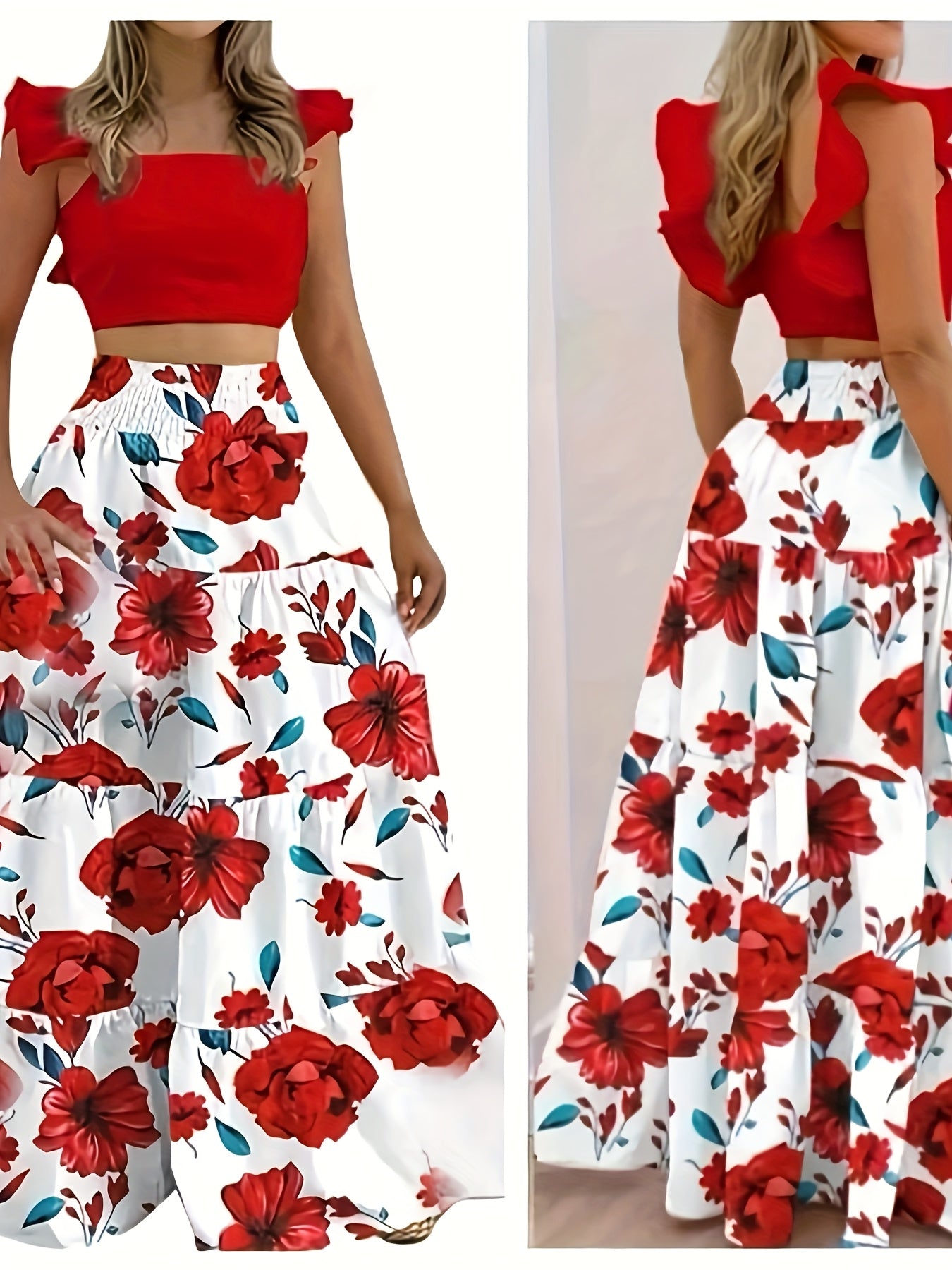 Women'S Floral Print Blouse & Skirt Set - Elegant Red & White Flowers, Polyester, Boat Neck, Sleeveless Top with Ruffle Detail, Flowy Skirt for Spring/Summer, Casual Attire | Floral Print Top | Polyester Fabri