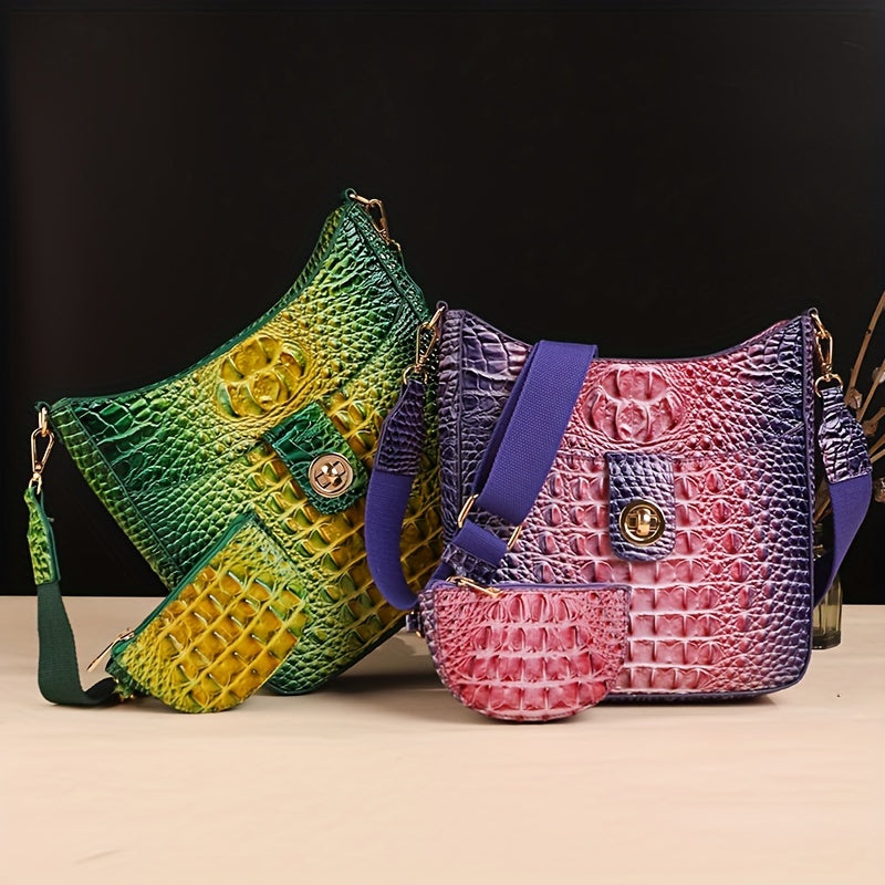 Elegant women's cross-body bag, fashionable color crocodile pattern cross-body bag, wide shoulder strap removable two-piece women's bag, safety zipper bag with coin purse