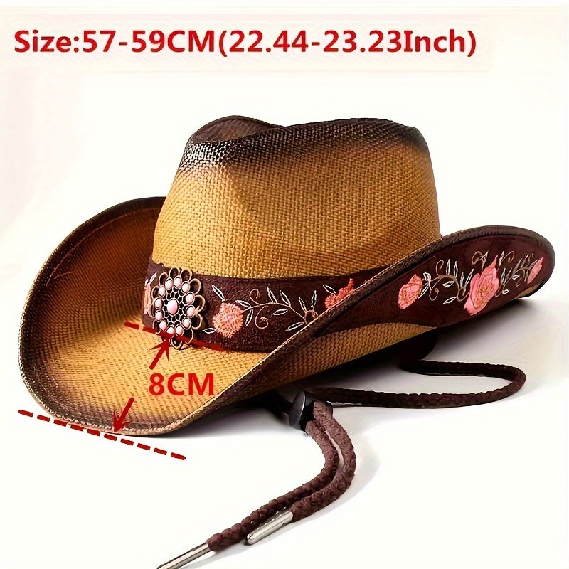 Trendy Choice Women's Western Cowboy Hat - Embroidered Natural Straw Hat with Drawstring Closure, Non-Stretching Fit & Hand Washable - All-Season Outdoor & May Day Celebration Hat