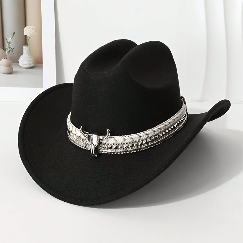[Stylish Cowboy Hat] Stylish & Durable 1pc Western Cowboy Hat for Men & Women | Classic Black Wide Brim with Metallic Bull Headband, Hand-White Conical Accent, Reinforced Hard Hat Top for Parties, Costume Parties, Themed Even