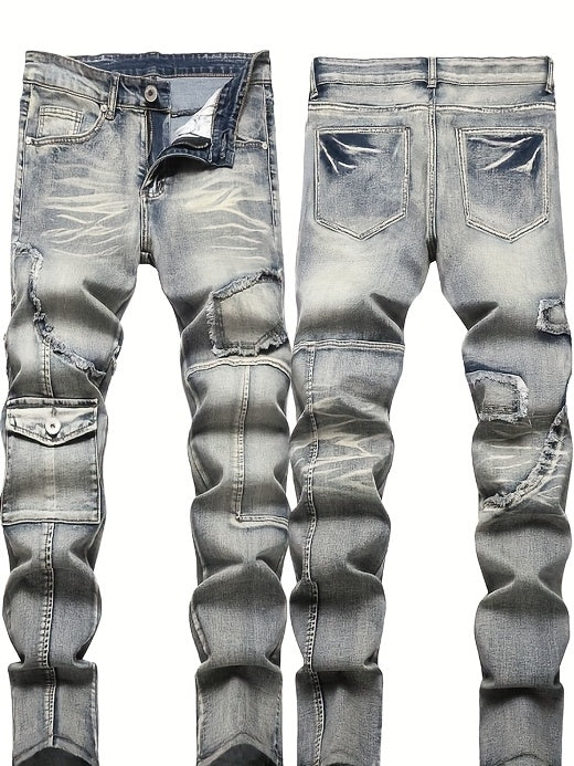 Men'S Mid-waist Vintage Washed Process Frayed Elastic Denim Skinny Jeans