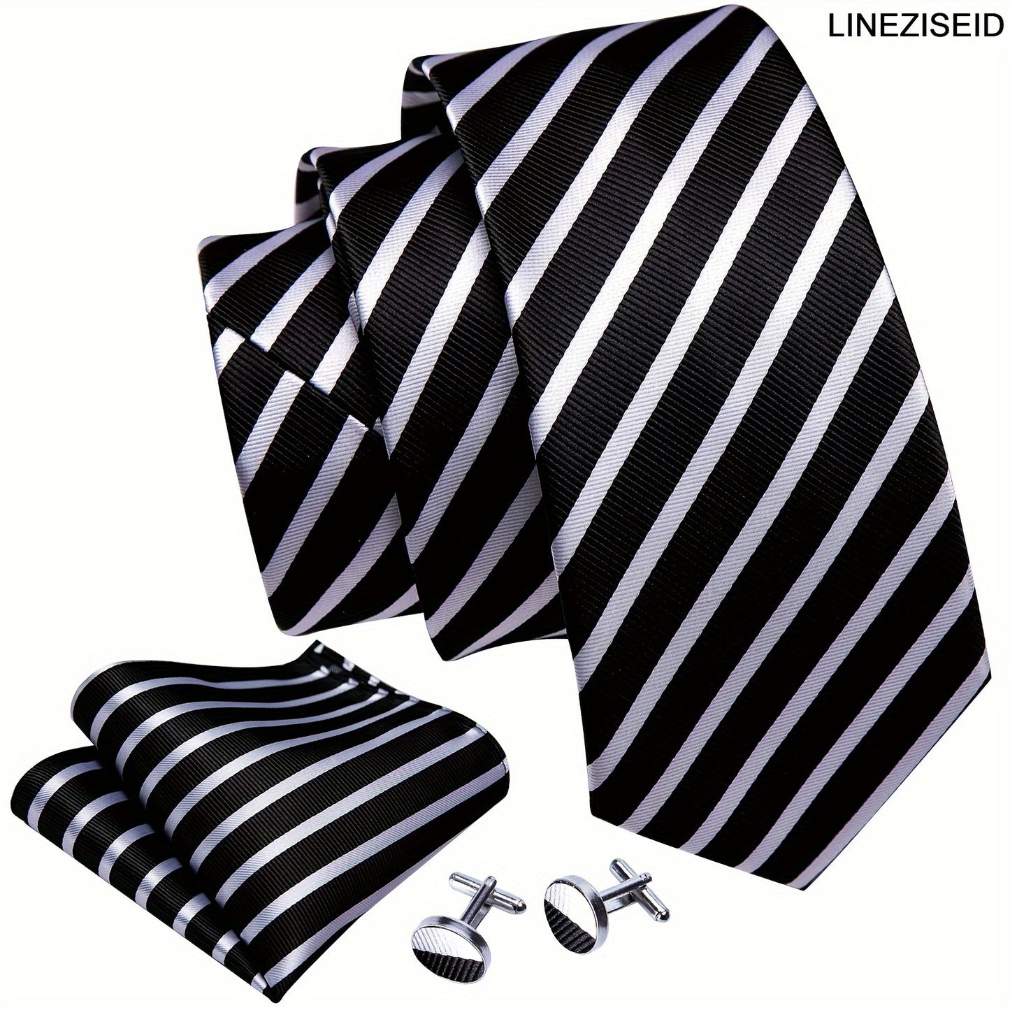 1 Set LINEZISEID Men'S Silk Tie and Accessories - Woven Striped Necktie, Matching Handkerchief, Cufflinks, and Ring Clip - Elegant Ensemble for Formal Events and Parties