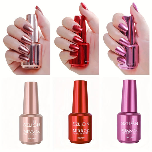 3pcs Professional Metallic Mirror Nail Polish Trio - No Heat Quick-Dry, Long-Lasting -off High-Shine 3 Colors Set For Salon-Quality DIP Manicures"