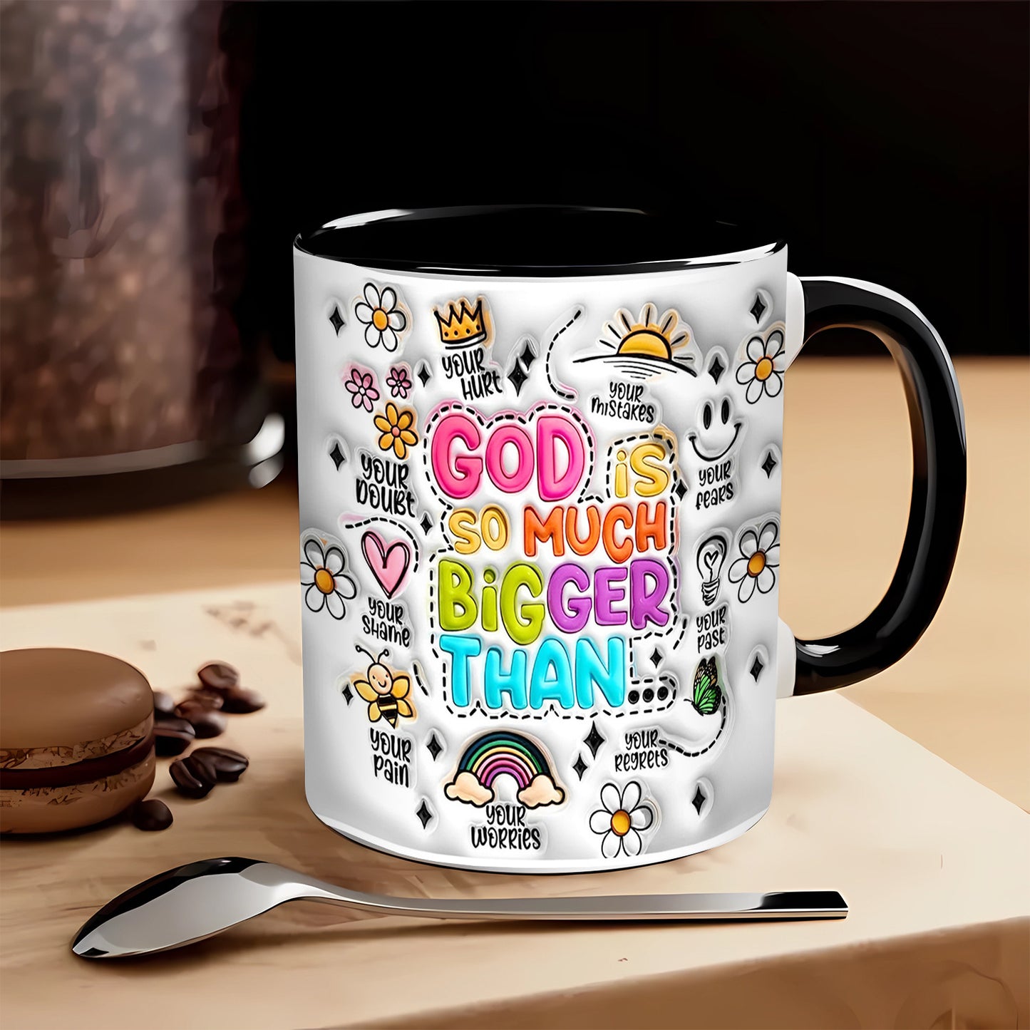 11oz Inspirational Ceramic Coffee Mug with "God Is Much Bigger Than" Message - Floral & Rainbow Design, Uplifting Christian Gift for Birthdays, Valentine's Day, Office Use - Durable C-Handle for Hot Beverages, Coffee Bar Acce