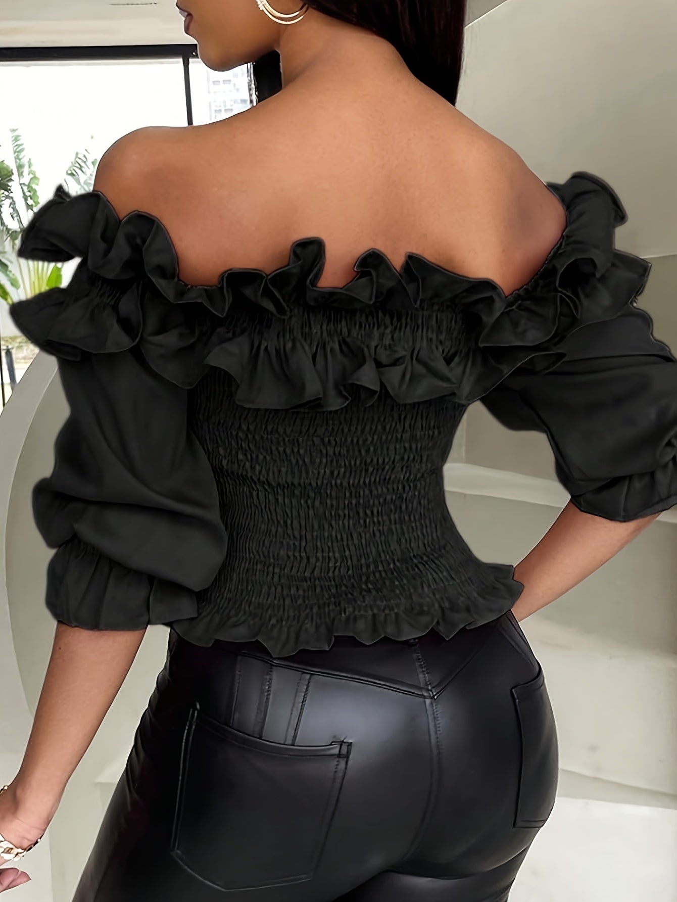 Elegant Off-Shoulder Shirred Blouse for Women - Solid Color, Polyester and Elastane, Machine Washable, Allseason Apparel | Fitted Top | Tailored Fit