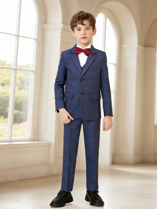 Boys Dark Blue Plaid Suit 3pcs Set | Kids Formal Blazer + Vest + Dress Pants | Wedding, Christmas, Easter Party Outfit | Sizes 6-16 | Premium Kids Tuxedo for School Photos & Special Occasions
