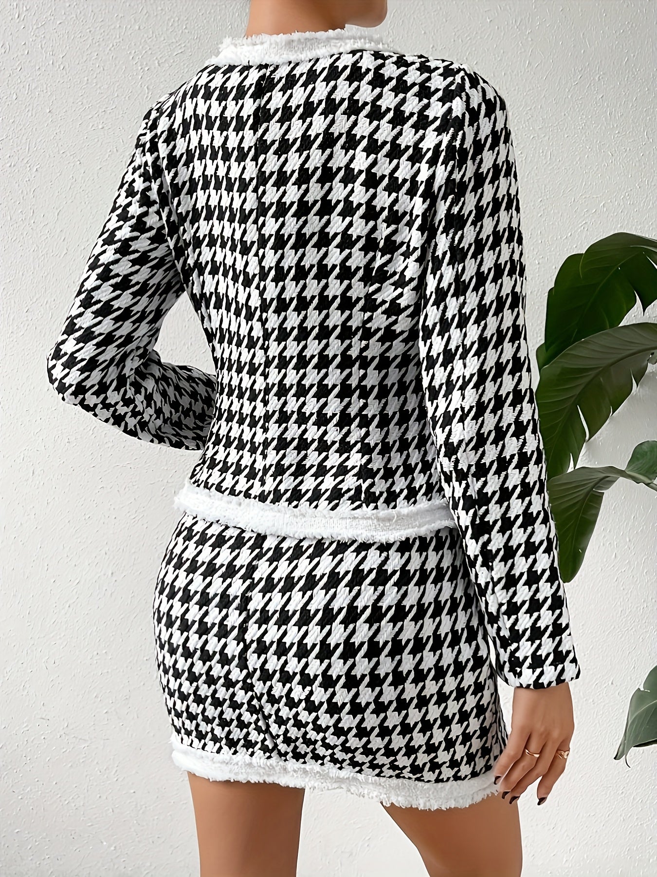 MSDOSBT Elegant Houndstooth Patchwork Tweed Jacket & Skirt Set - Chic Black & White Checkered Pattern, Long Sleeve, Button-Up Blazer with Flap Pockets for Afternoon Tea, Casual Attire, All-Season Wear, Stylish Office Attire |