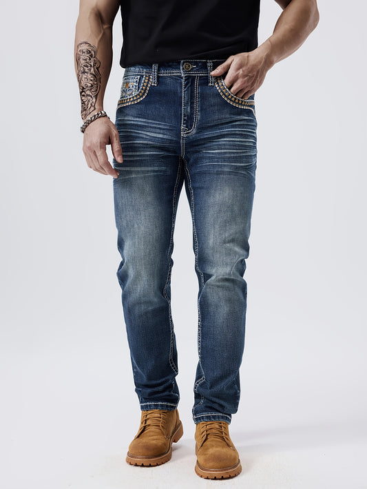 Men'S ESDVQ Embroidered Denim Jeans - Stretchy, All-Season, Casual Straight Leg Jeans With Brown Boots, Casual Attire | Embroidered Jeans | Casual Fit Jeans