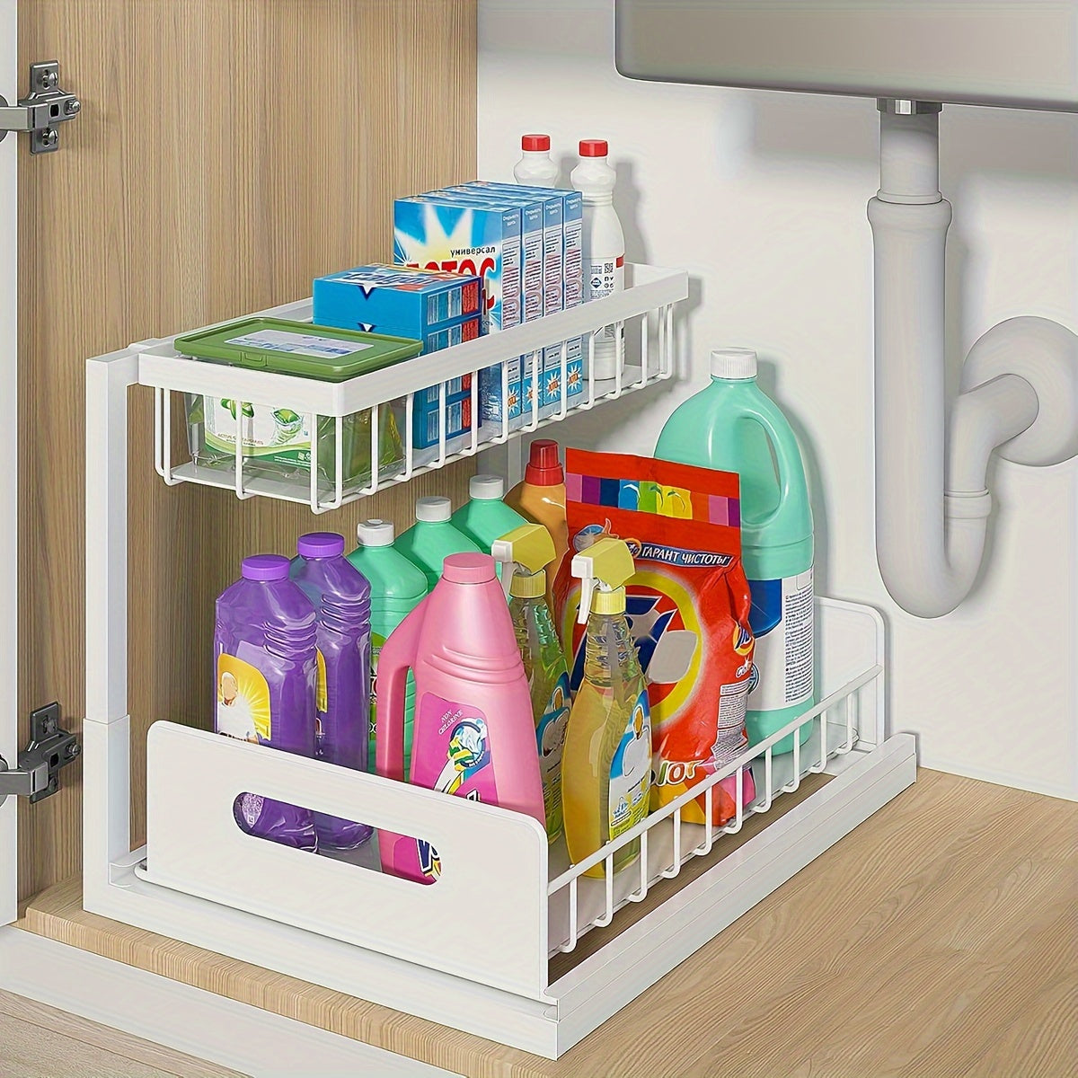 2 Tier Under Sink Organizers And Storage, Under Sink Organizer, Slide Out Pull Out Cabinet Organizer Shelf, Metal Sliding Drawer For Kitchen Bathroom Pantry Cabinet Closet Organization Rack