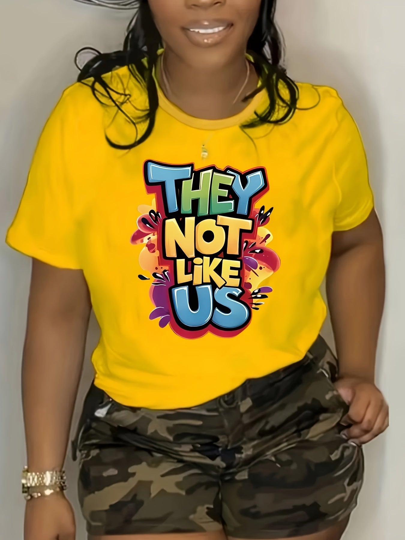 Women's Plus Size Casual Graphic Tee - "They Not Like Us" Colorful Print, Short Sleeve, Round Neck, Stretchy Polyester Blend, Machine Washable, Spring/Summer Fashion Top, Summer Tshirt | Statement Tshirt | Glossy Fabric Finis