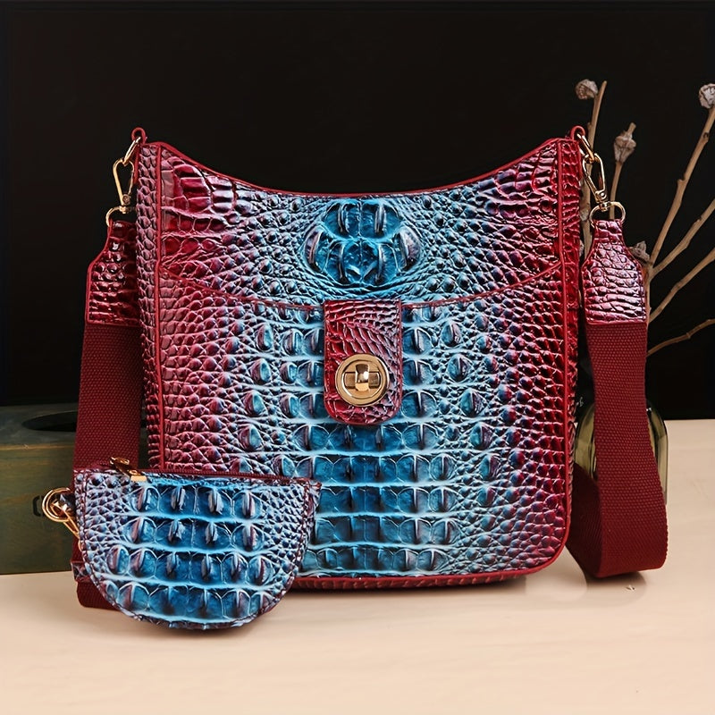 Elegant women's cross-body bag, fashionable color crocodile pattern cross-body bag, wide shoulder strap removable two-piece women's bag, safety zipper bag with coin purse