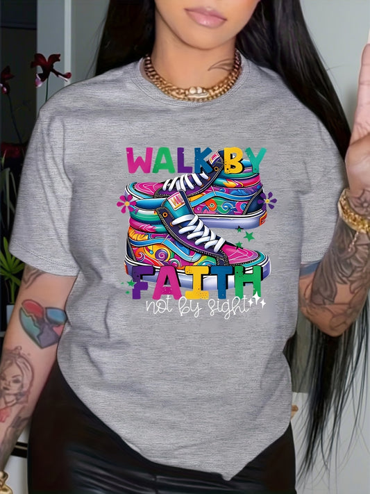 Soft, Breathable Plus Size Women's 'Walk By Faith' Graphic Tee - Casual Short Sleeve T-Shirt for Spring & Summer