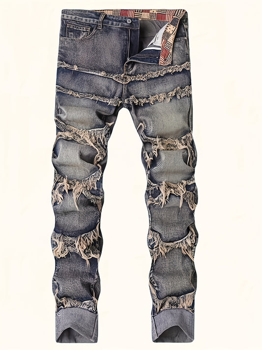 HME Men'S Heavy Washed Vintage Blue Distressed Faux Denim - 3D Fringe Tassel Hem, Mid-Waist Stretch Slim-Fit Straight Leg, All-Season Comfort, Heavy-Duty Washed Retro Faux Denim Pants for Casual & Semi-Formal Wear, Machine Wa