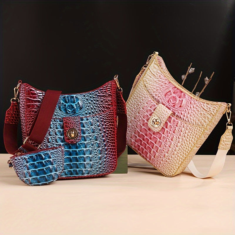 Elegant women's cross-body bag, fashionable color crocodile pattern cross-body bag, wide shoulder strap removable two-piece women's bag, safety zipper bag with coin purse