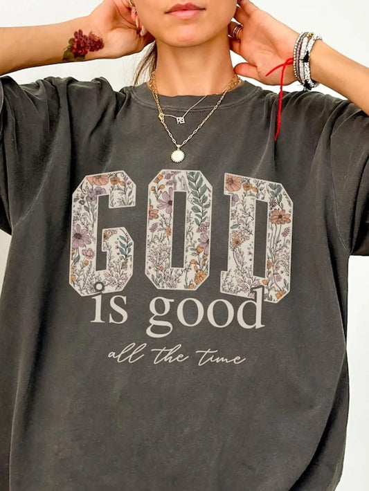Women'S Christian Faith T-Shirt - "God is Good" Religious Apparel with Floral Lettering, Soft Stretchy Fabric for Everyday & Church Wear - Bible Verse Gift for Women (Dark Grey/White Text) - Spring/Fall/Summer Casual Top, Fai