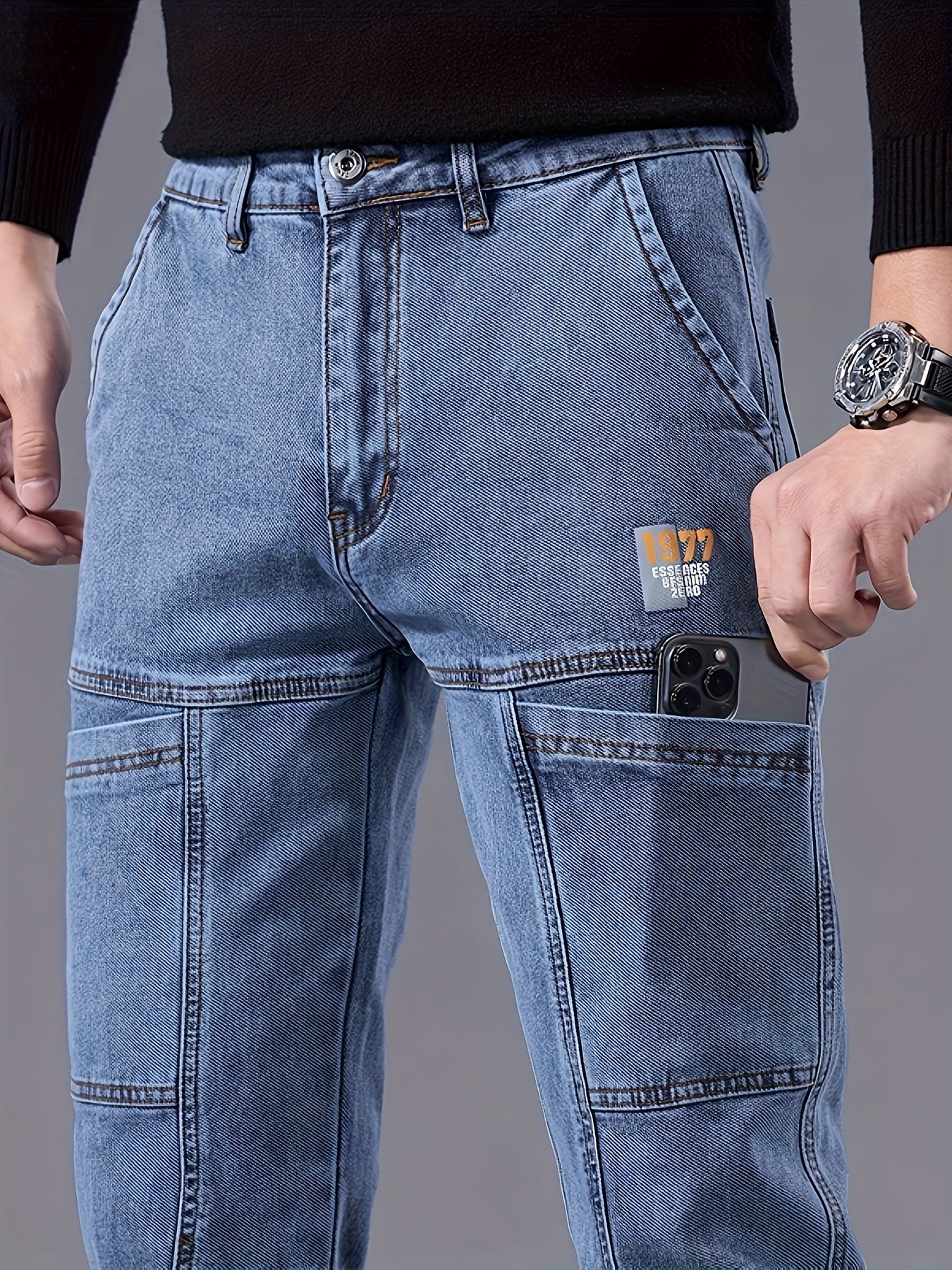 Men'S Small Straight Tube Style Fashionable Printed Six Pocket Design Micro Elastic Denim Pants