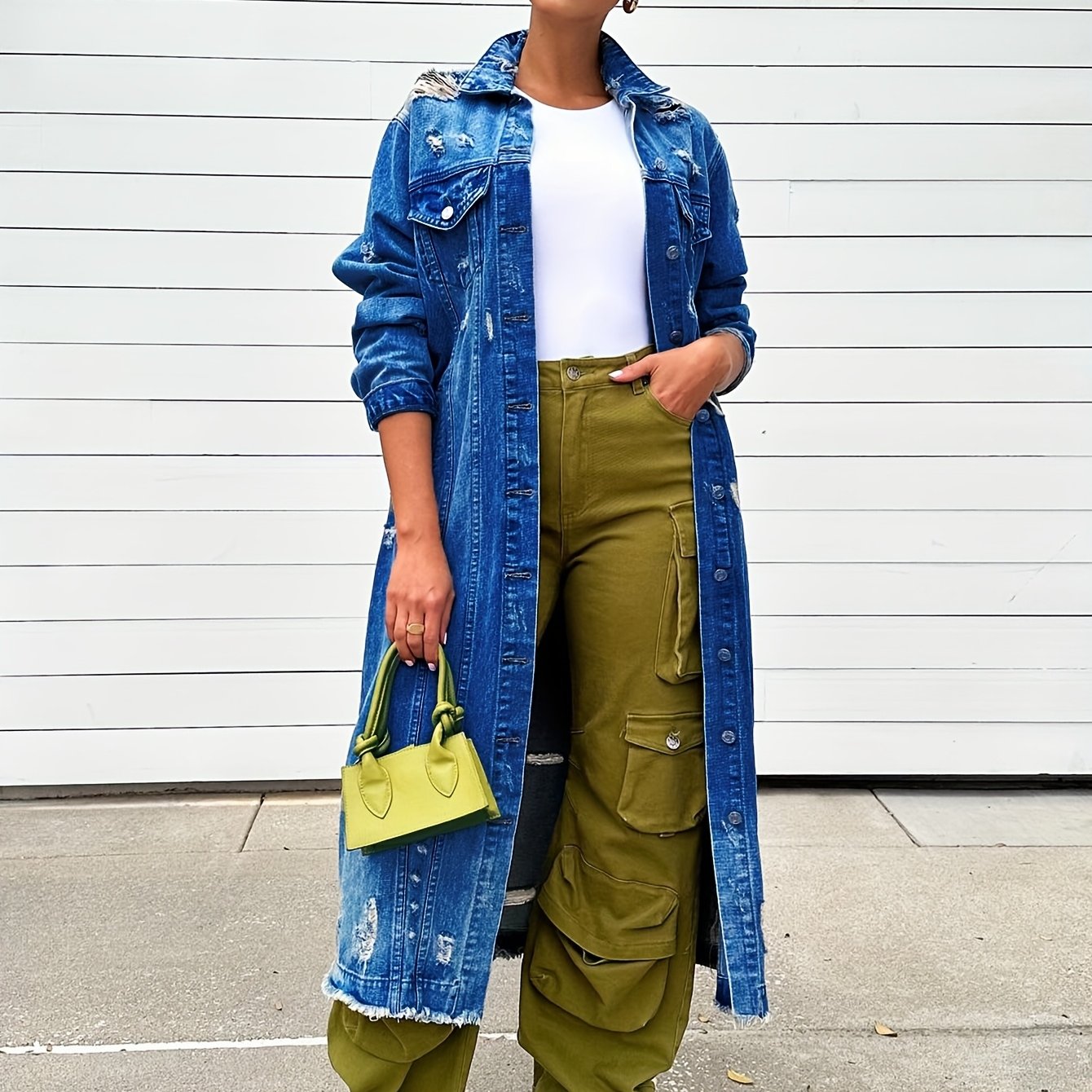 Broken Hole Long Denim Jacket, Women'S Denim Trench Coat Jacket, Real Pocket