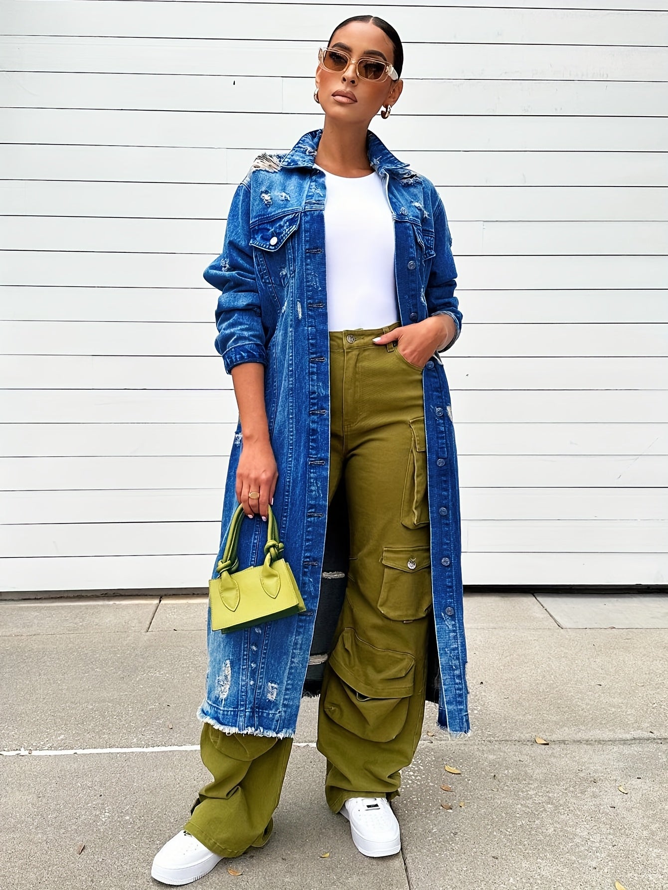 Broken Hole Long Denim Jacket, Women'S Denim Trench Coat Jacket, Real Pocket