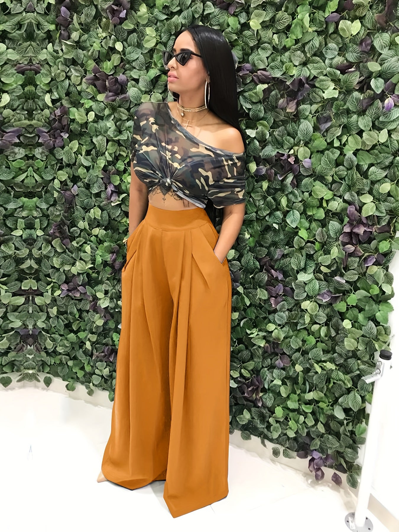 Loose Straight Flare Pants, Casual Pocket High Waist Solid Wide Leg Fashion Comfy Pants, Women's Clothing