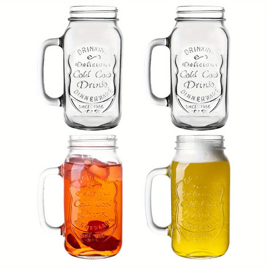 24 OZ Mason Jar Drinking Glasses for Party Beverages Materials and Jars with Comfortable Handle Easy to Clean in the Dishwasher 4Pack