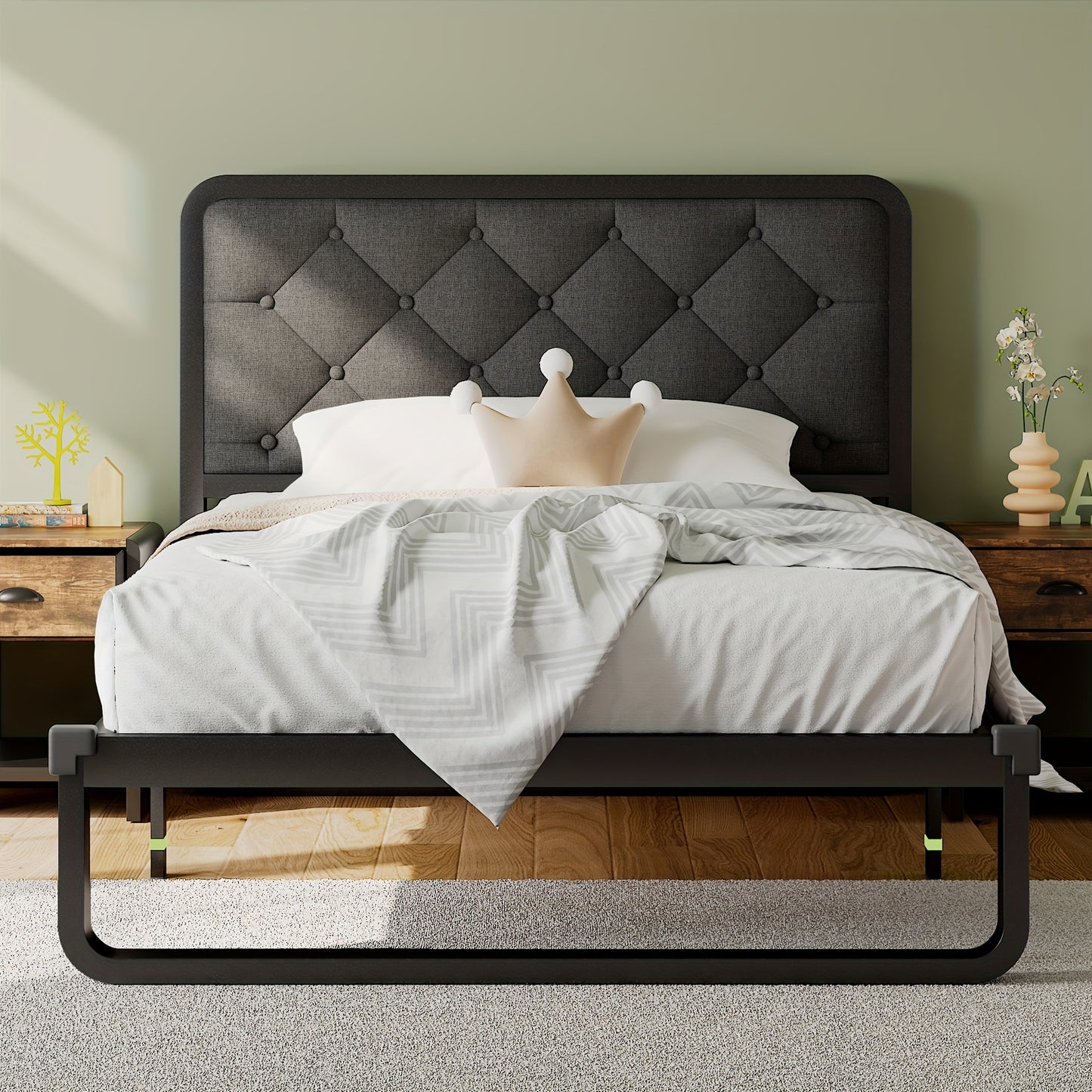 12" Heavy Duty Storage Platform Metal Bed Frame - Luxurious Button Tufted Upholstered Headboard, No Box Spring Needed, Sturdy Construction, Ample Storage Space, Easy Assembly