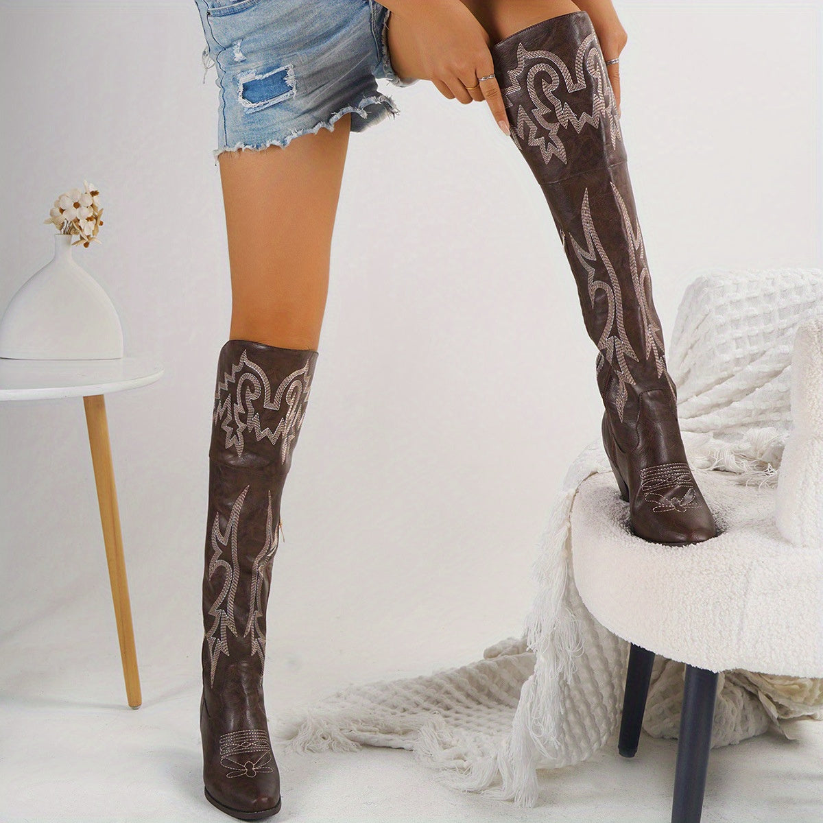 Women'S Western Cowboy Boots - Over-the-Knee Heel, Slip-On Closure, Pointed Toe, Solid Color, Mid-Calf Length, European/American Style, Durable TPR Sole, Perfect for Casual or Formal Wear, Cowboy Boots