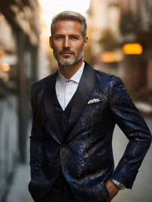 Navy Blue & Black 2025 Men's Floral Print Suit - Elegant Long Sleeve with Lapel Collar, Button-Up Blazer & Trousers for Weddings, Parties, Dates - Premium Fabric, Formal Attire, Date Night Outfit, Classic Fashion, Sophisticat