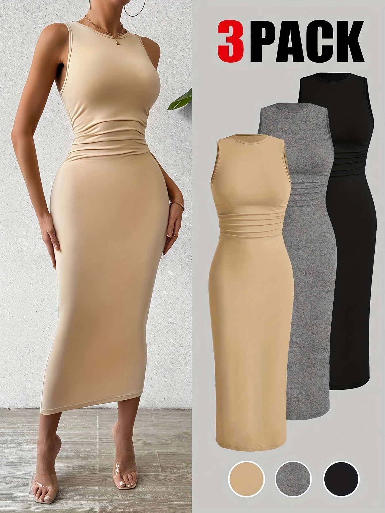 [Summer Bodycon Dress] Stretchy Bodycon Dress | Women's Summer 3 Colors (Beige/Black/Grey) - 95% Polyester 5% Elastane, Round Neck Semi-Sheer, Casual to Formal Wear, Machine Washable Spring Summer Fall Outfits