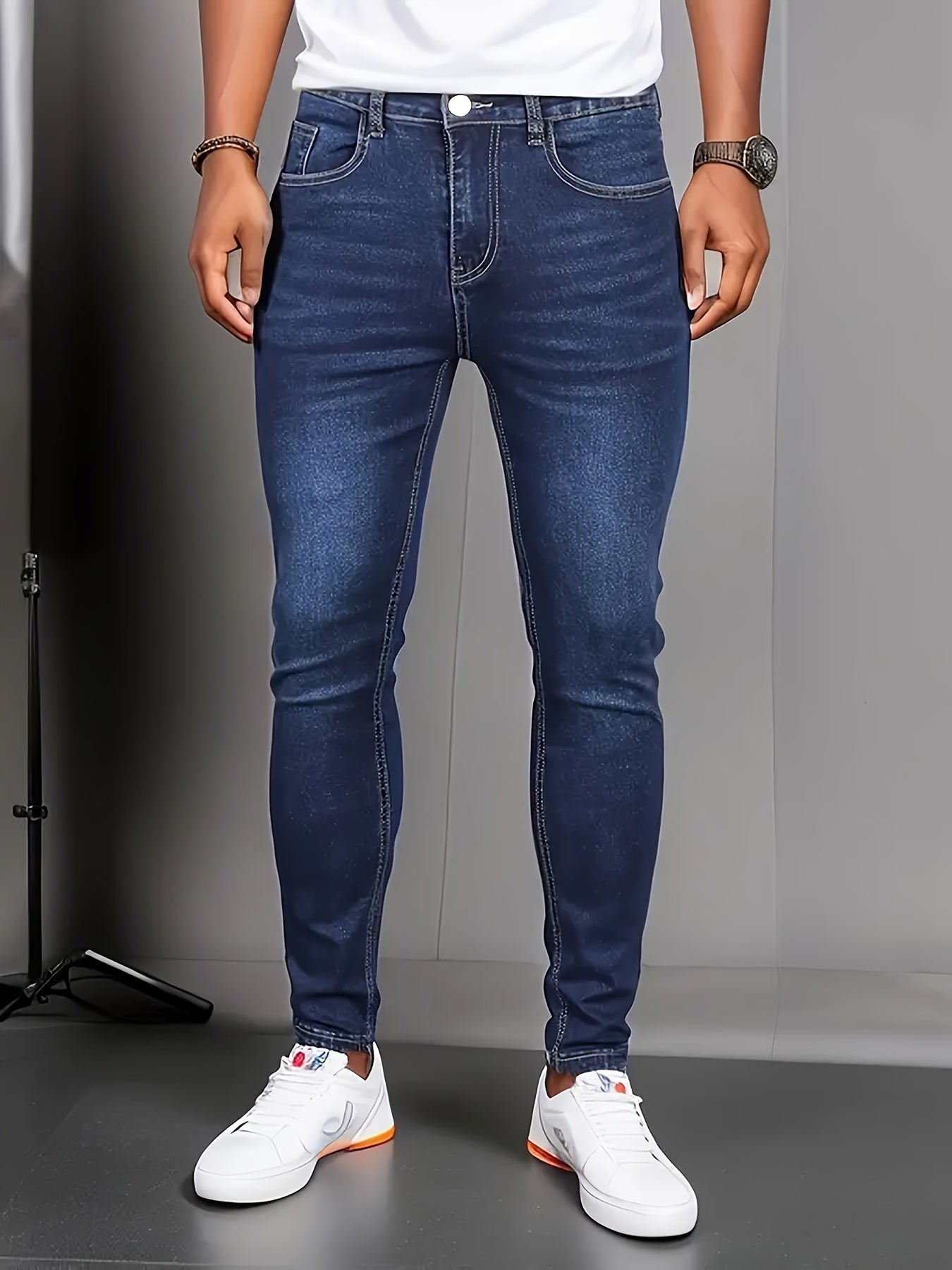 Men'S Slim-Fit Stretch Denim Jeans - Mid-Rise Casual Street Style, Light Wash, Mid-Stretch Comfort Fit for Casual Attire, Versatile Jeans|Slim Fit Jeans|Washed Jeans