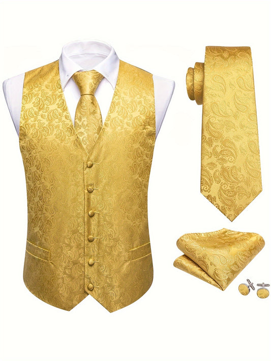 With Necktie, Hanky, and Cufflinks, Men's Fashion Jacquard Paisley Waistcoat for Wedding/ Party Occasions
