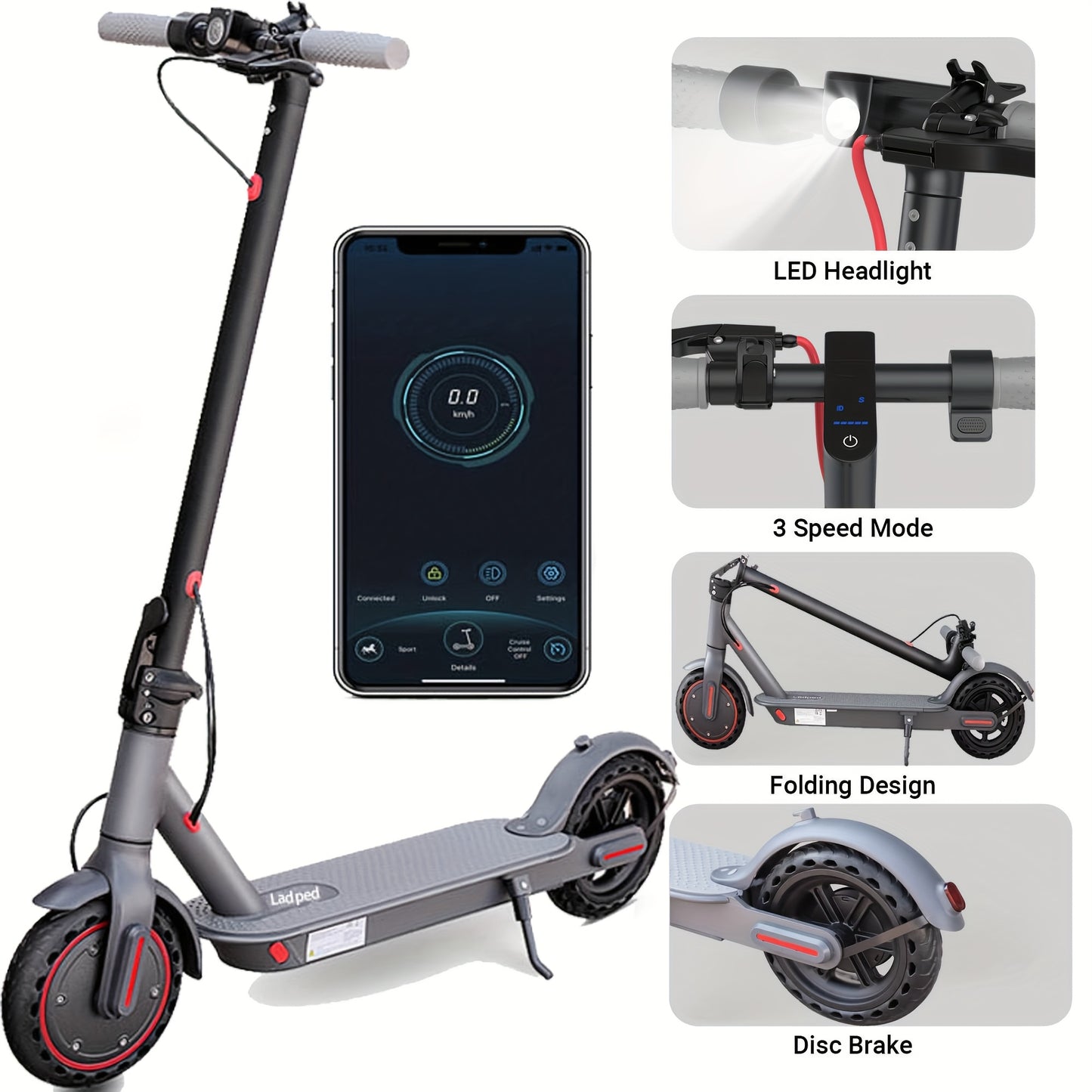 LADPED Electric Scooter LP80, 350W 36V, 8.5" Solid Tires, 19 Mile Range And 3 Modes, High Speed For Teens And Adults, Foldable And Height Adjustable, Designed For Beginners- Ideal For Travel, City Streets, Parks, Or Campus Pa