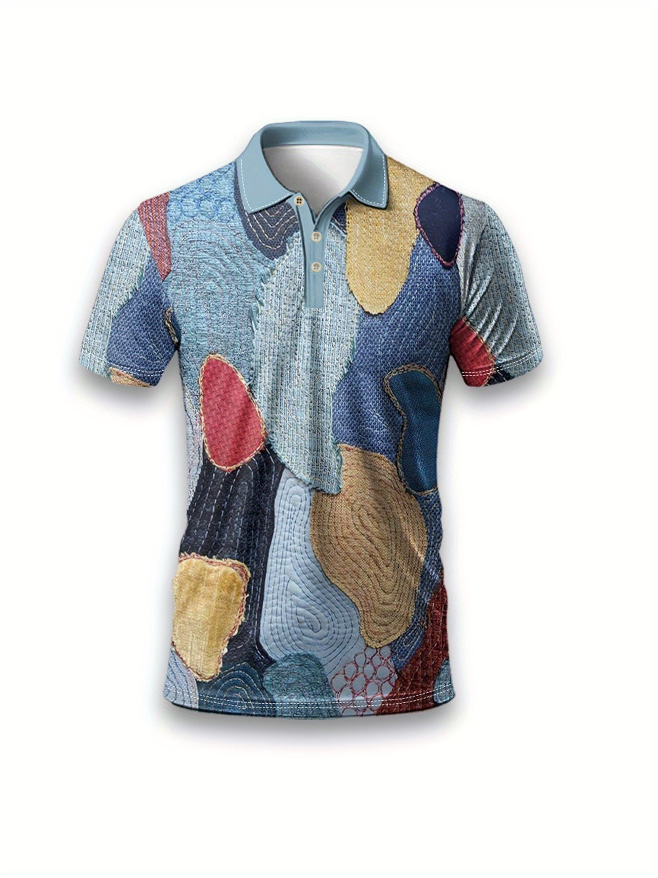 Men'S Casual Geometric Patchwork Printed Short-Sleeved Sports POLO Shirt