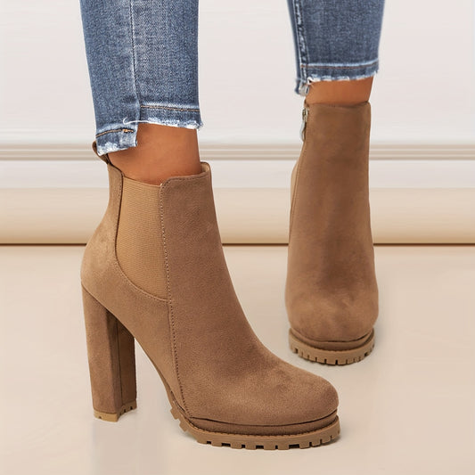 Stylish Pointed Toe Ankle Boots - Chunky Heeled, Platform, Side Zipper, Tound Toe, Comfortable Women's Footwear for Everyday Wear