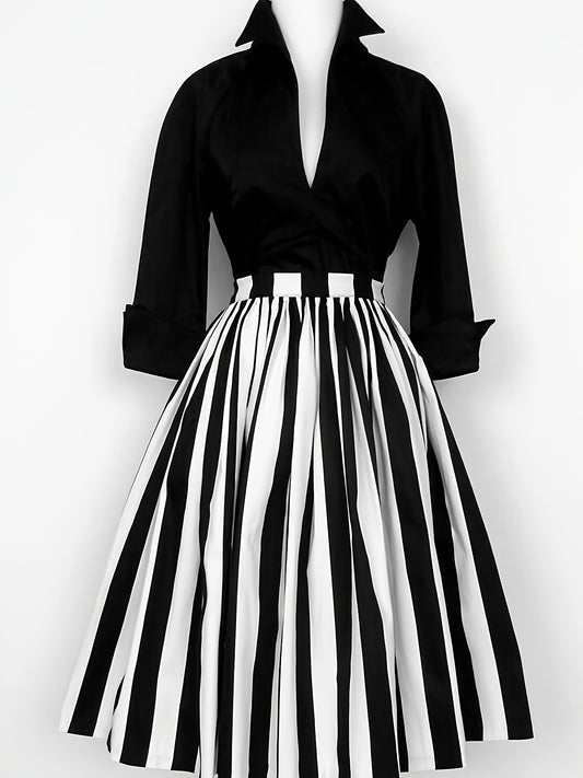 Elegant Black & White Striped A-Line Dress with Chic V-Neck & 3/4 Sleeves - Polyester Blend, Contrast Trim, Flattering A-Line Silhouette for Spring/Fall, Women's Fashion, Spring Fall Attire,Vneck Design