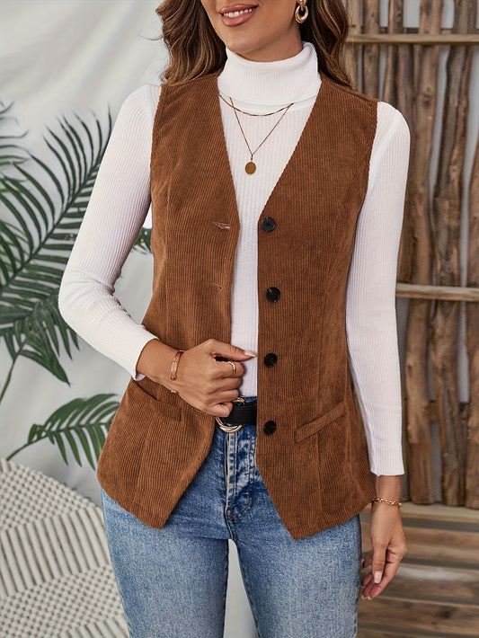 Women's Solid Brown Sleeveless Vest with Button Front Closure - Casual Round Neck Cardigan Sweater-like Layering Piece, Machine Washable Spring/Fall Outerwear for Jeans & Dresses (Brown/Beige/Tan) - Versatile Everyday & Forma