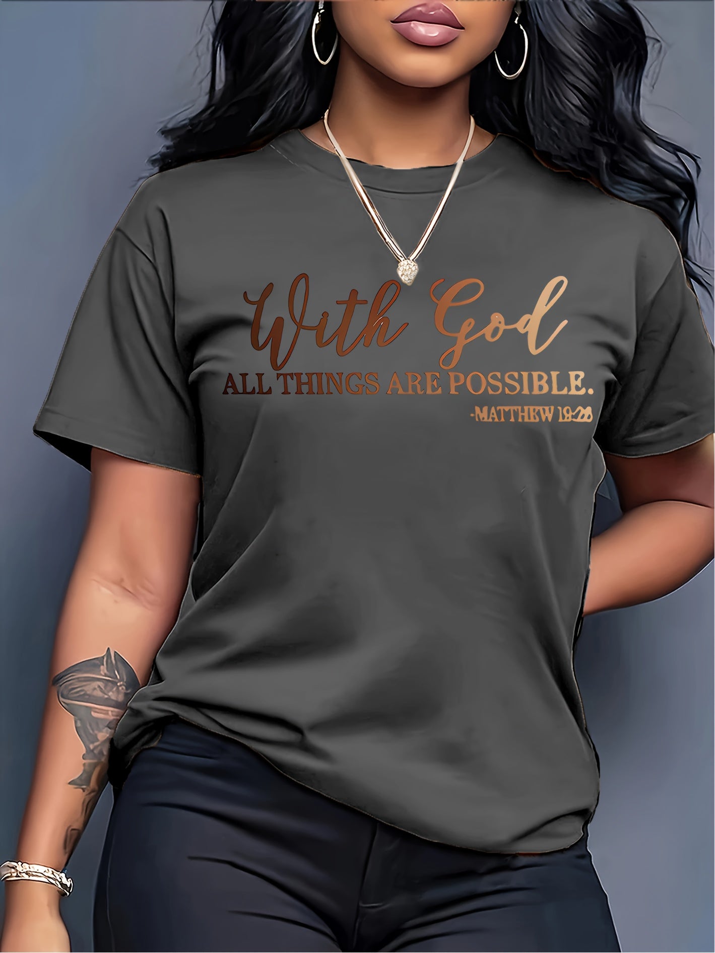 [Soft Christian Faith T-Shirt] Women's Soft Everyday Christian Faith T-Shirt | 'With God Everything is Possible' Bible Verse (Matthew 26:4) | Light Blue Casual Top for Church, Everyday Outfits | Machine Washable, Durable, Com