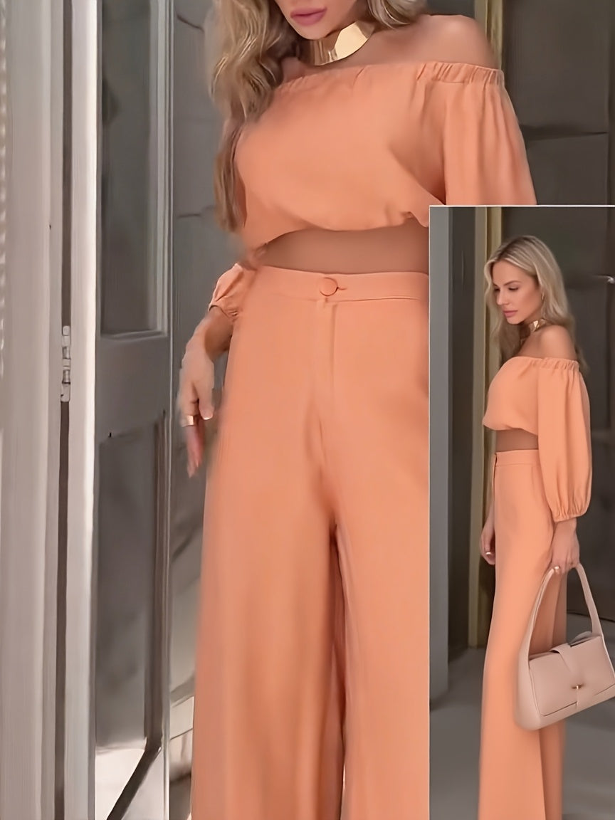 European and American Style Spring/Autumn One-Shoulder Short Top High-Waisted Wide Leg Pants Set Casual Fashion Two-Piece