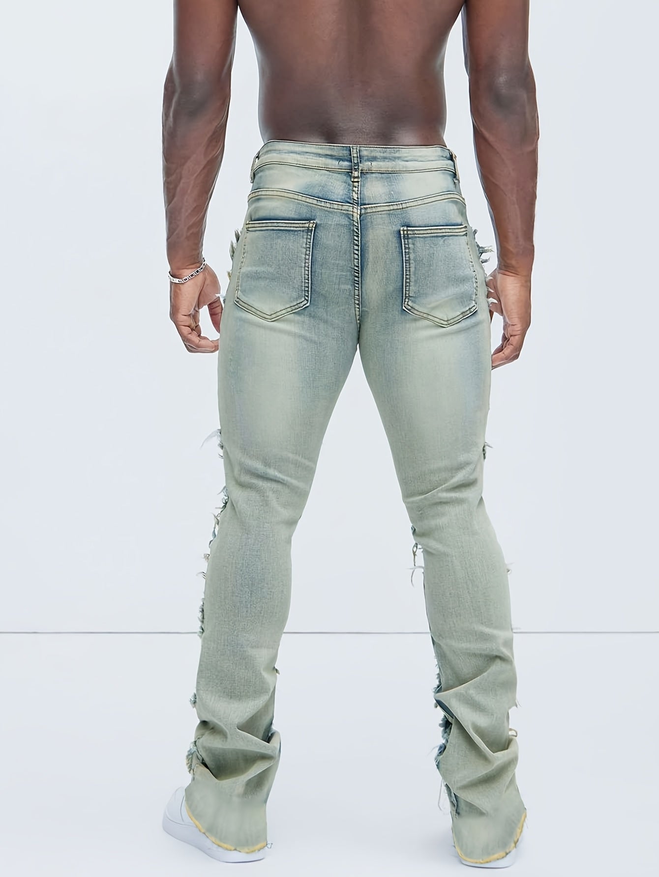 Men's Slim-Fit Washed Distressed Jeans with Mid-Rise & Multi-Pocket Design - Mid-Stretch Micro-Flare Denim Pants for All-Season Comfort, Machine Washable Casual Trousers, Relaxed Fit Bottoms, Modern Streetwear, Durable Constr