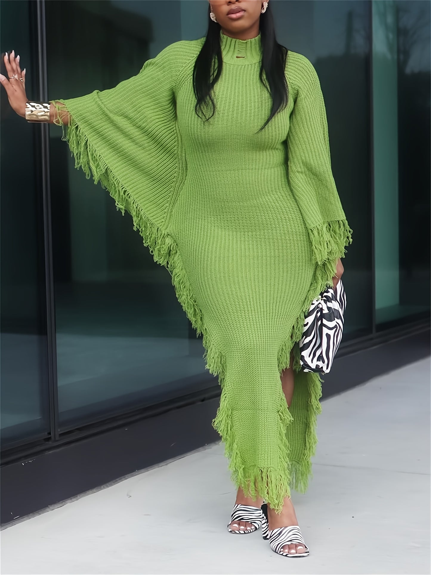 Fringe Trim Sweater Dress For Women, Batwing Long Sleeve High Neck Maxi Dress With Asymmetrical Hem, Sexy And Chic Style, For Fall Winter