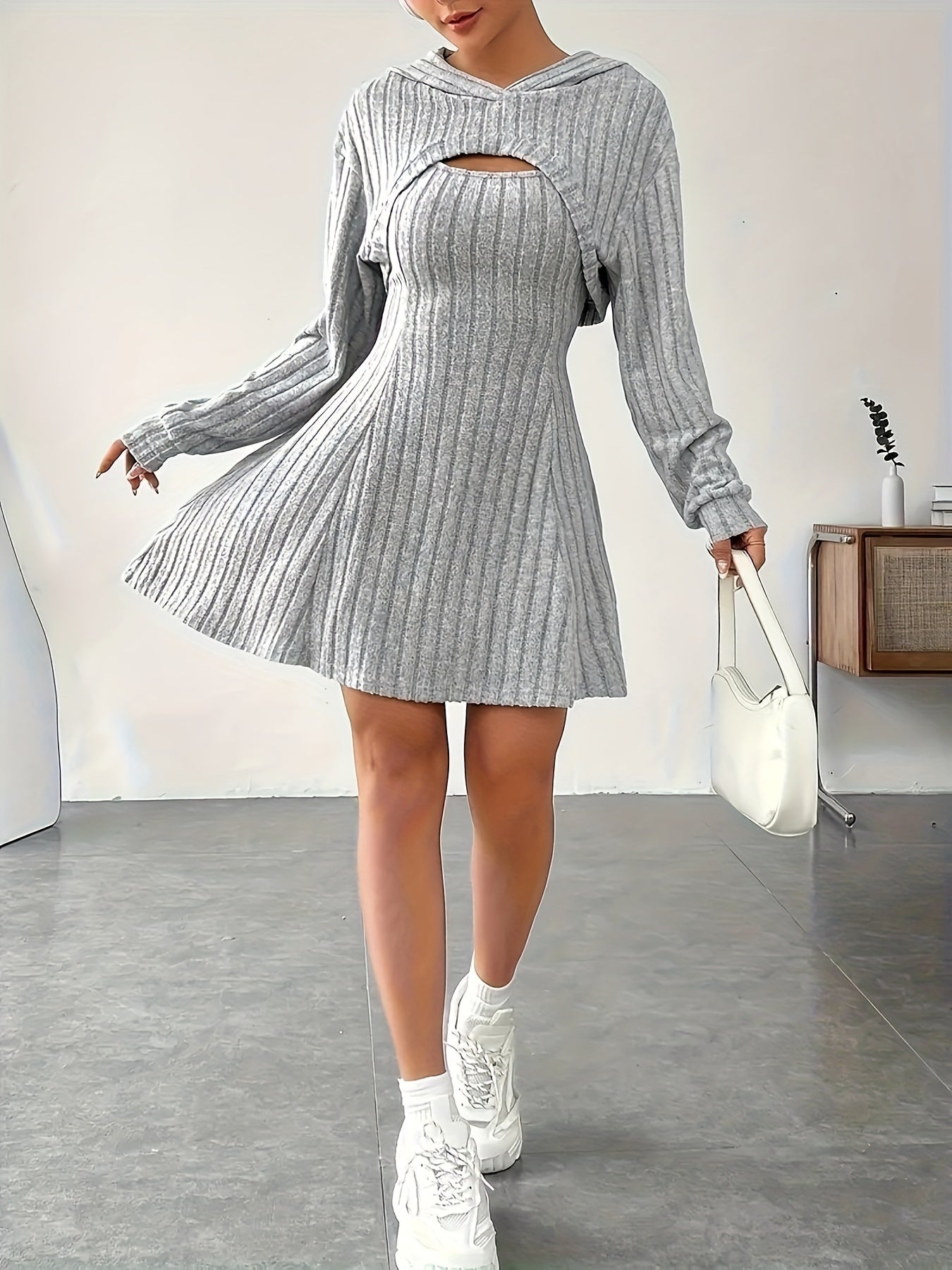 Orientation Fashion Solid Color Set Fall Winter Casual Elegant Long Sleeve Hooded Top Suspenders Slim Fit Dress Women'S Dress Set