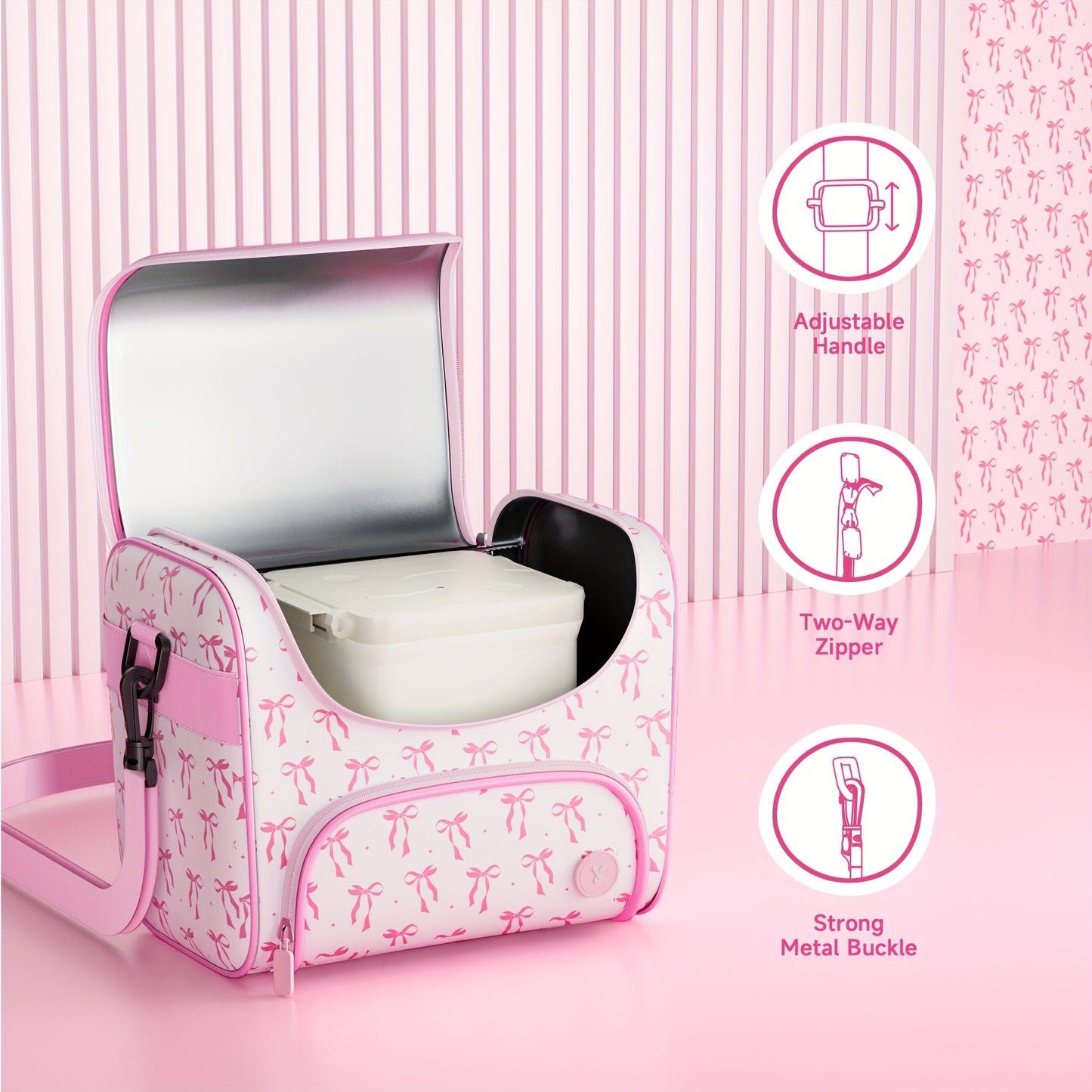 MEOKY Thermal Lunch Bag - Large Capacity Insulated Lunch Tote with Adjustable Crossbody Strap, Leakproof Thermal Insulation for 6/12 Hours (Hot/Cold), Lightweight Lunch Box Bag for Office, School, Travel, Picnic - Pink Bow de