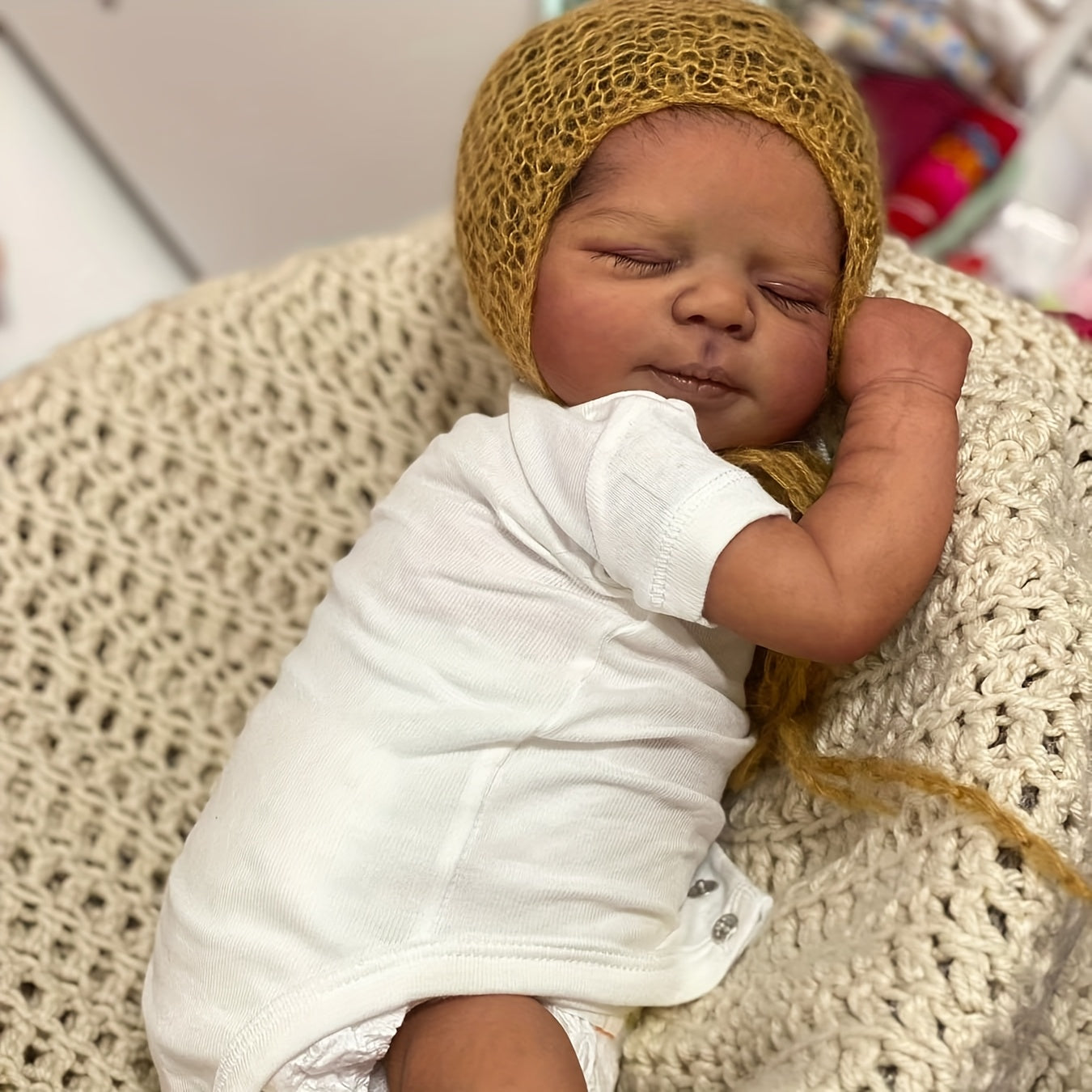 19 Inch Reborn Baby Doll- Soft Full Vinyl Body, Lifelike Newborn Sleeping Doll Dark Brown Girl, Rooted Hair, Lovely Kids Toy Gift, Realistic Alive Doll For Birthday/ Thanksgiving Day/ Christmas Gifts