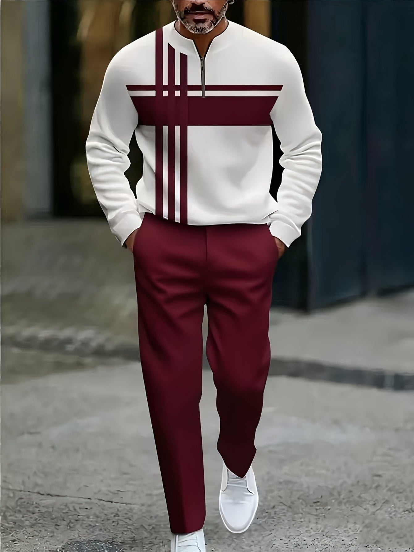 Men's Stylish Two-Piece Suit with Zipper Details - White Long-Sleeve Shirt & Purple Pants, Casual All-Season Wear, Perfect for Parties, Vacations, and Daily Commuting, Casual Attire|Zipper Detail Shirt|Slight Stretch Fabric