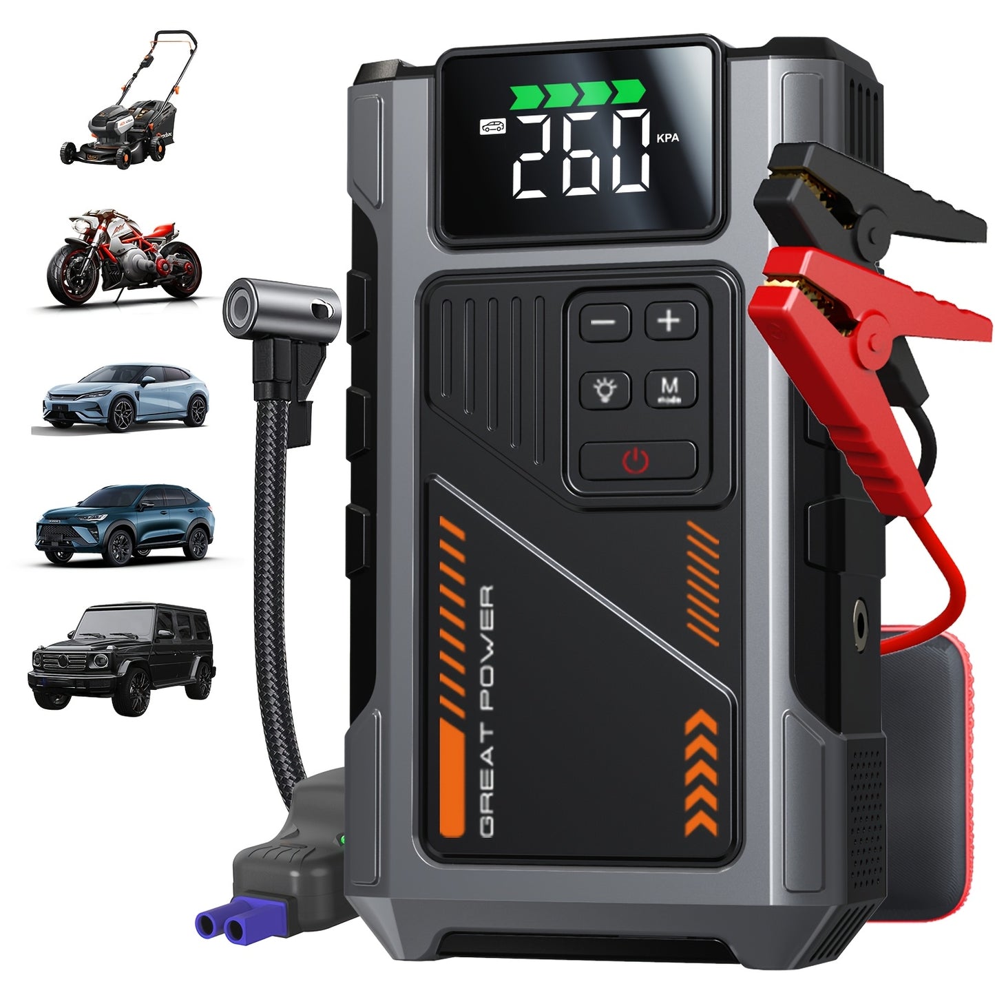 Portable Car Air Compressor & Jump Starter with LED Emergency Light, 3000A Peak Power, 12V for Gas/Diesel Engines, USB Input/Output, Digital Tire Inflator, Red, Insulated Material, Fast Charging, Car Accessories Tools, Vehicl