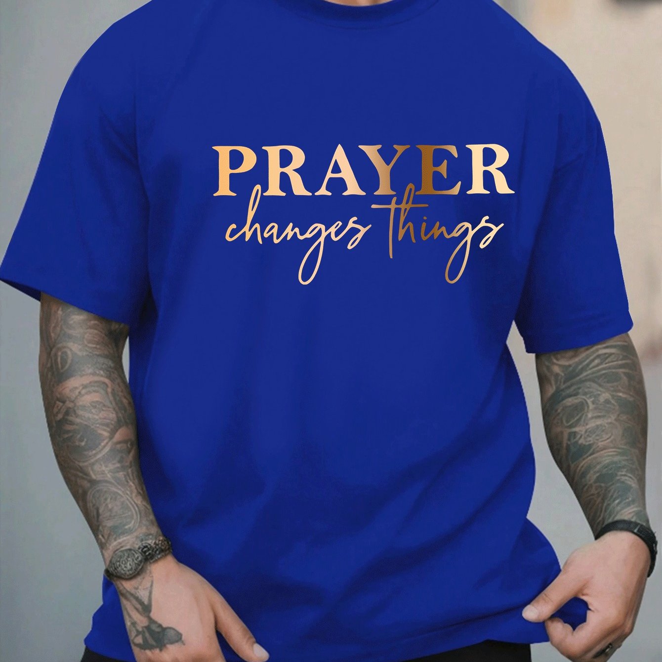 [Summer Fashion, Prayer Quote T-Shirt] Plus Size Men's Casual T-Shirt - "Prayer Changes Things" Quote, Geometric Pattern, Round Neck, Short Sleeve, Summer Fashion - Polyester Knit Fabric Top